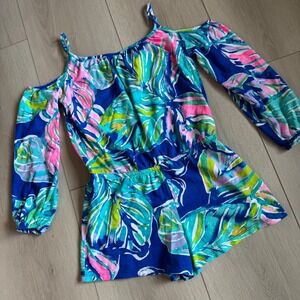 Lilly Pulitzer Girls Cold Shoulder Romper Blue Pink Green Palm Cotton‎ XL 12-14